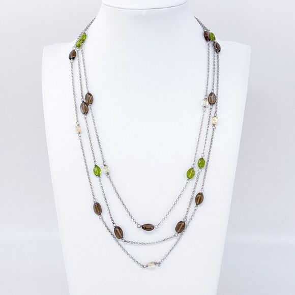 Vintage Sterling Silver Peridot Smoky Quartz Citrine Layered Necklace 17"-19" - Picture 1 of 4